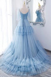 A Line V Neck New Style Tiered Long Tulle Semi Formal Prom Dress, Evening Gown with Flower